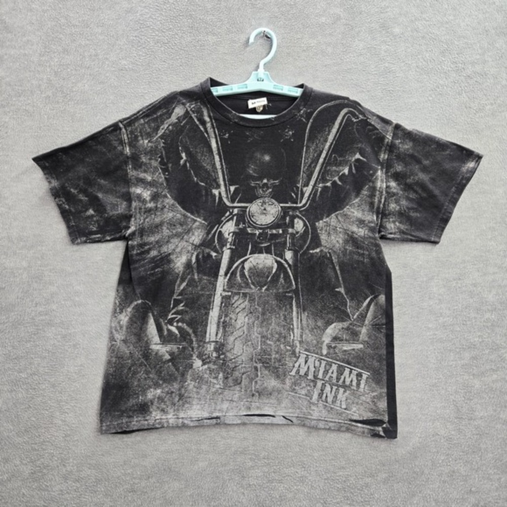 VINTAGE Miami Ink  Men Shirt L Black Allover Print Skull Motorcycle Short Sleeve